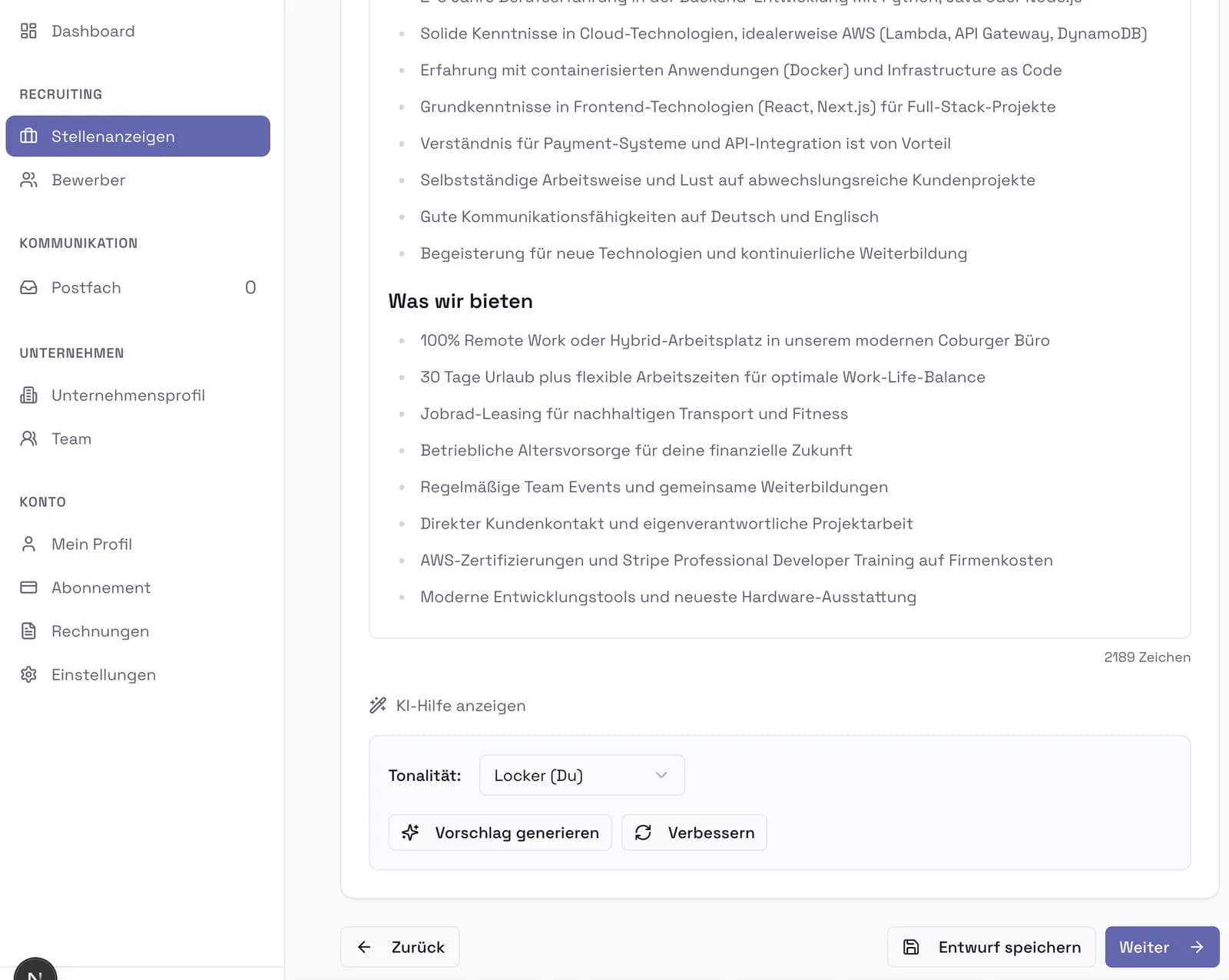 Stellenanzeige mit KI erstellen auf php-entwickler.de