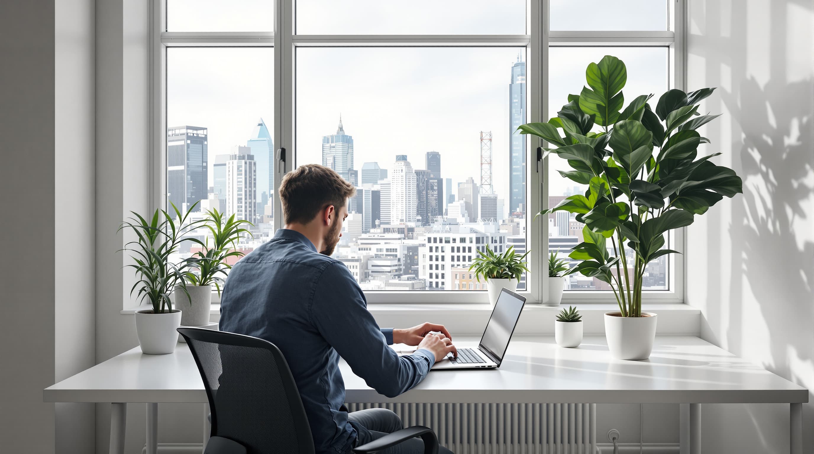 Freelancer arbeitet remote mit Blick auf die Stadt